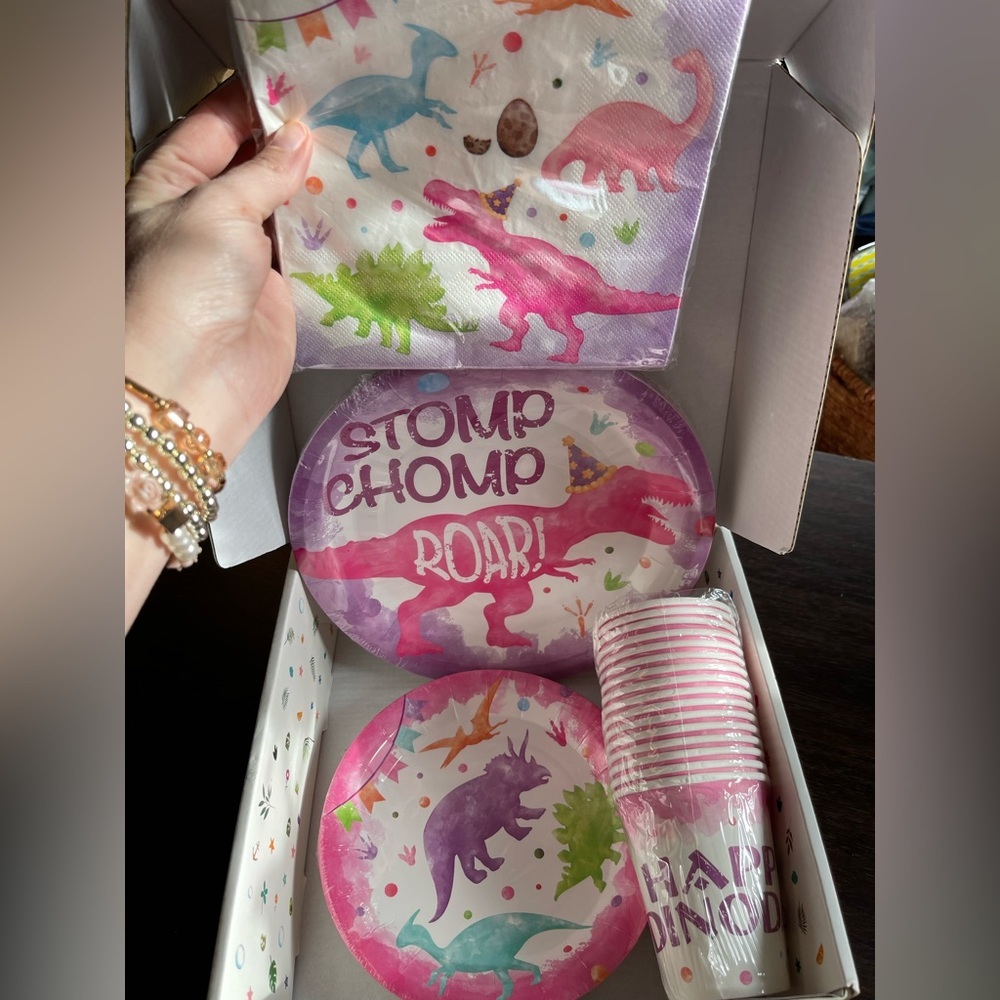 New in box dinosaur party supplies serves 16